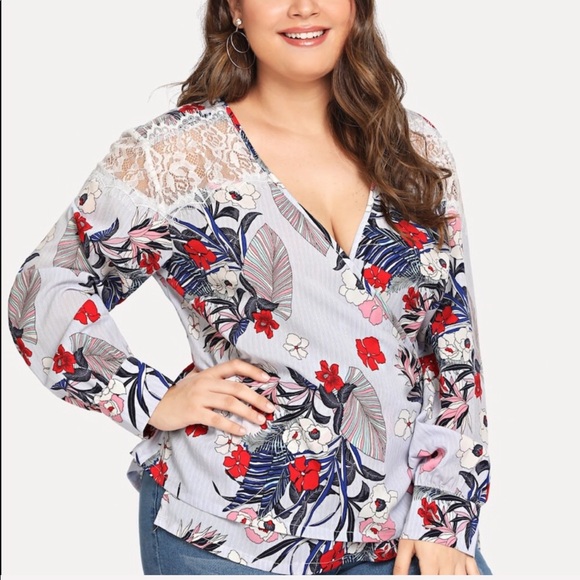 ➕ Floral Print Deep Plunge Neck Top - Picture 4 of 6